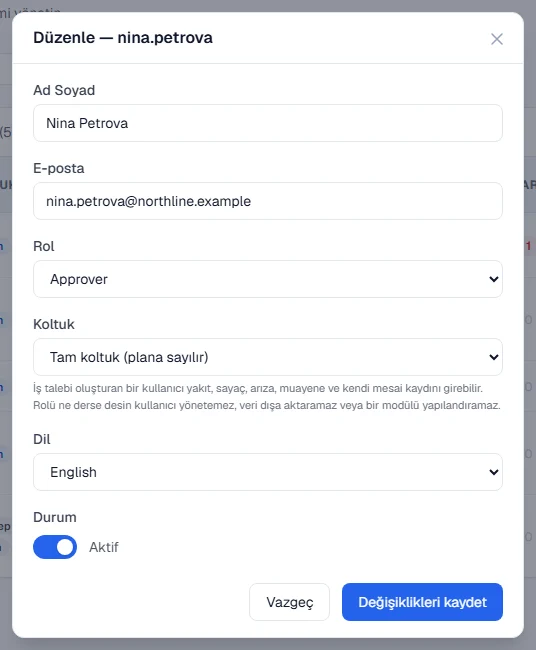 The Edit window for a user, with Full Name, Email, Role, Seat, Language and Status
