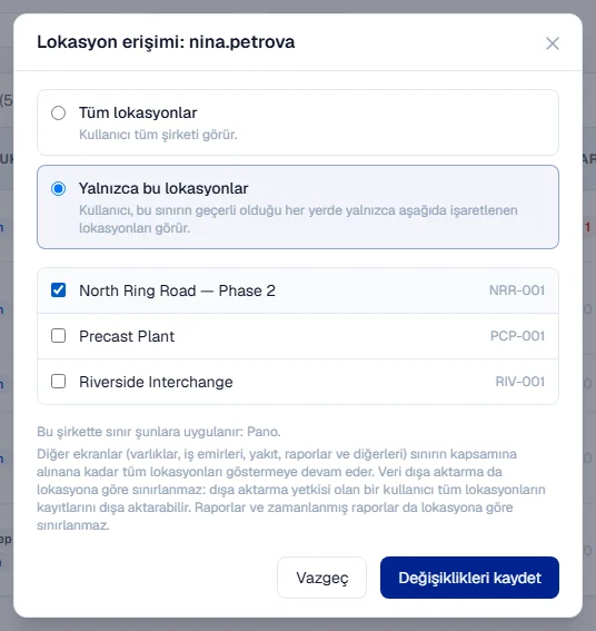 The Location access window with Only these Locations chosen and one Location ticked